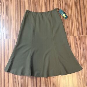 LRL Olive Wool Blend Flared Midi Skirt 2P NWT Minimalist Quiet Luxury Boho